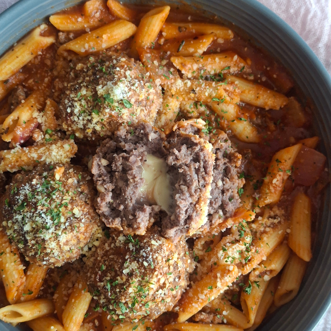 high-protein stuffed meatballs with protein penne | easy cozy dinner recipe